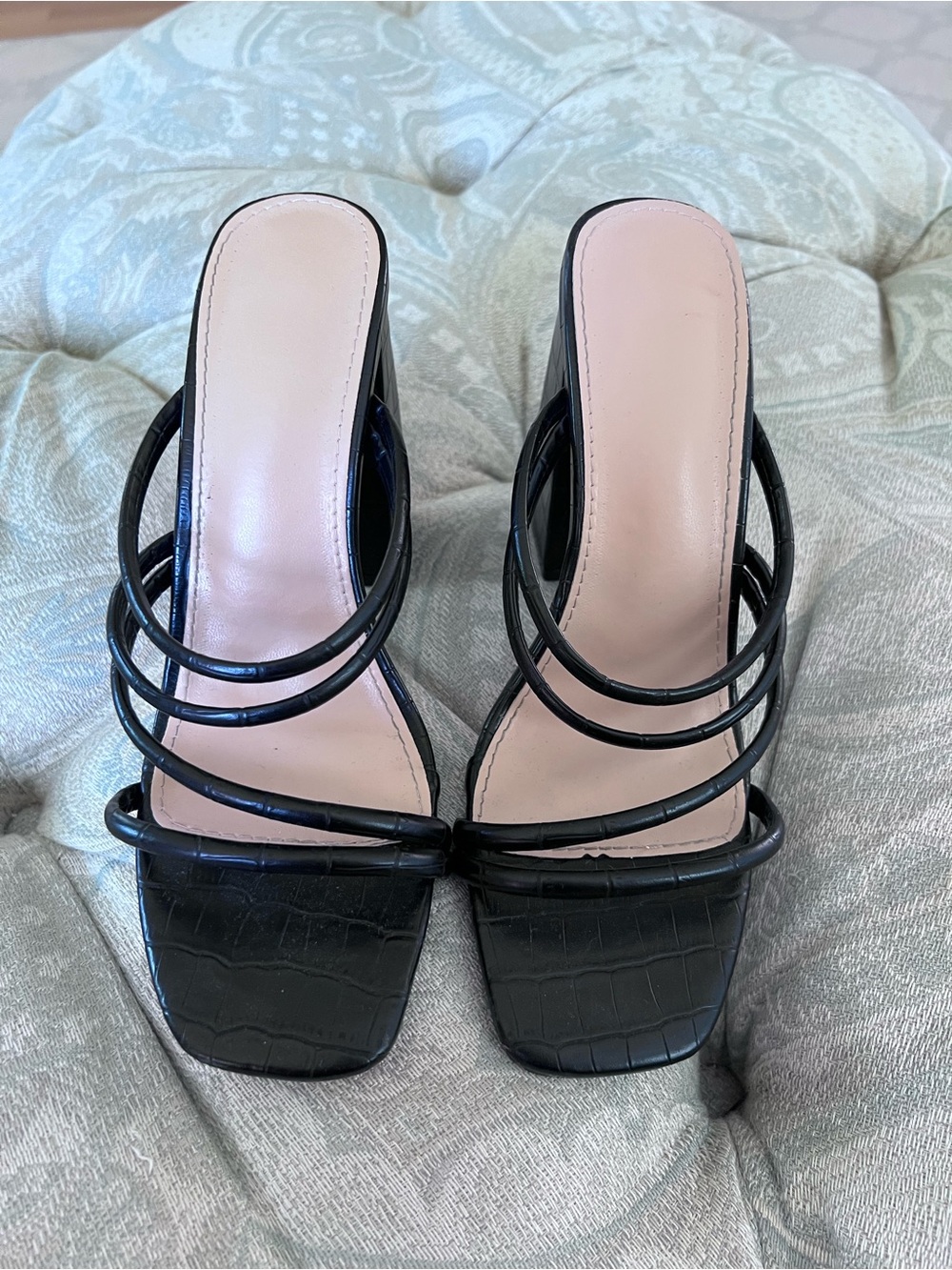 Black Strappy Square-Toe Heeled Sandals